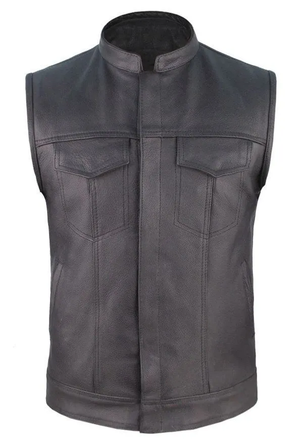 Mens Leather Motorcycle Club Vest Solid Back Concealed Snaps Chest Pockets