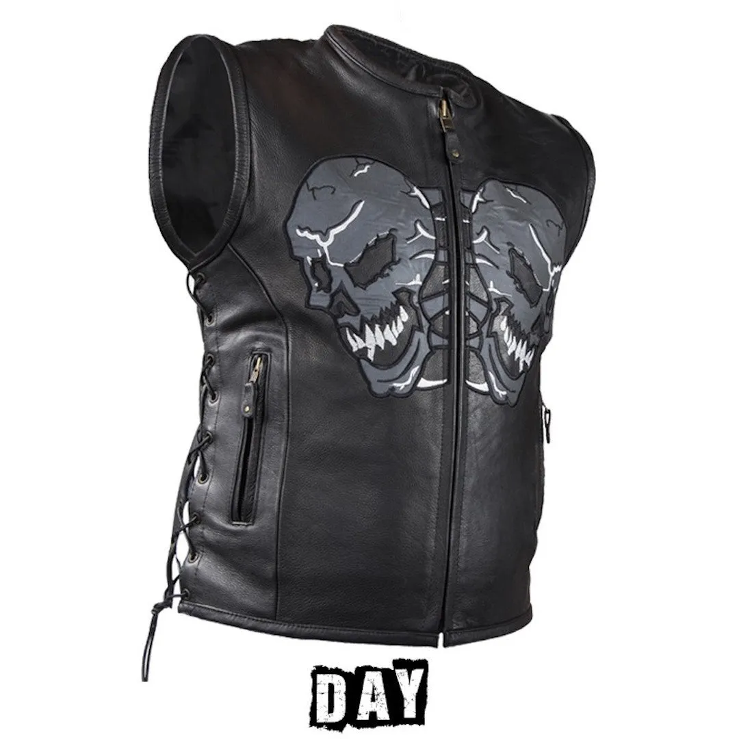 Mens Leather Motorcycle Vest With Reflective Skulls