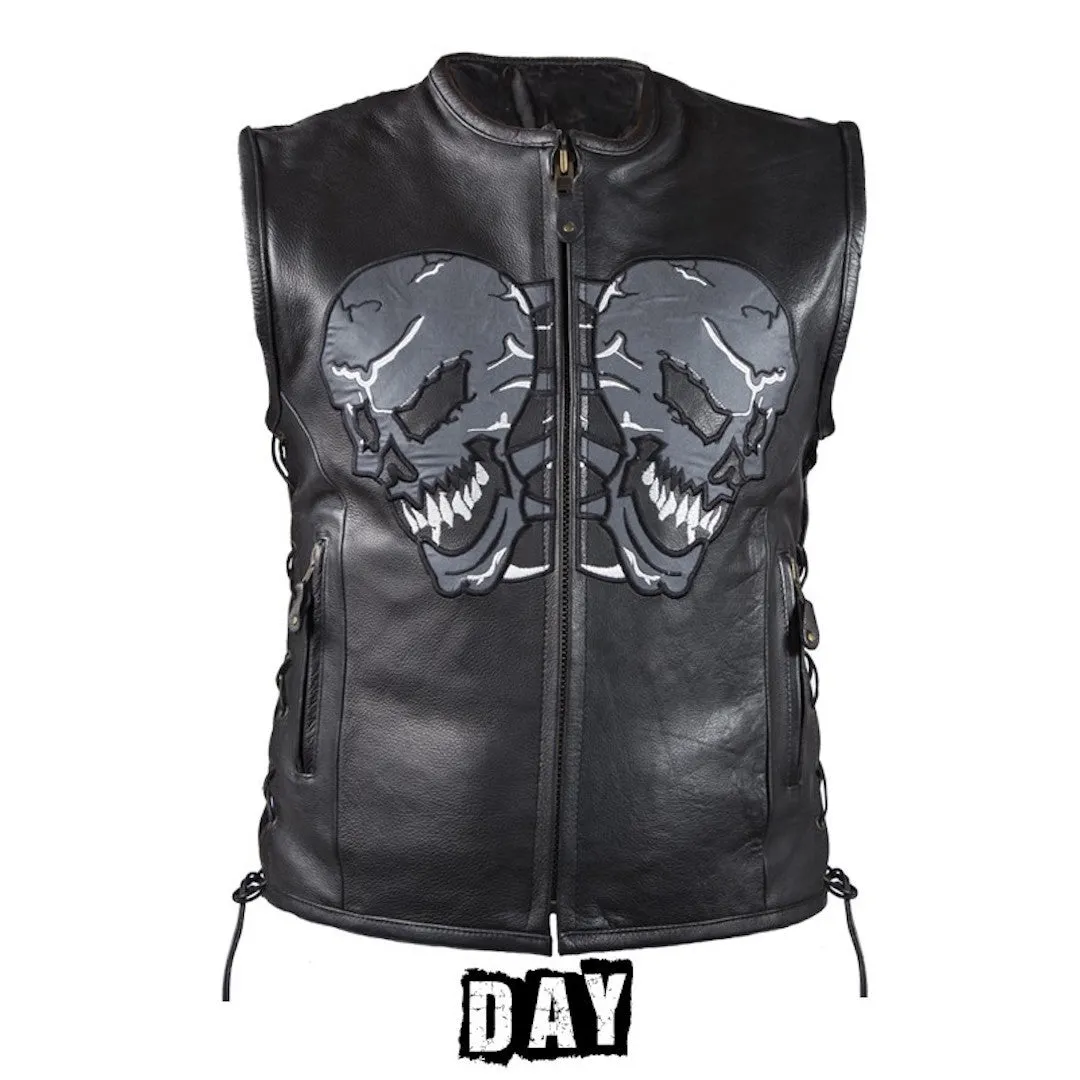 Mens Leather Motorcycle Vest With Reflective Skulls