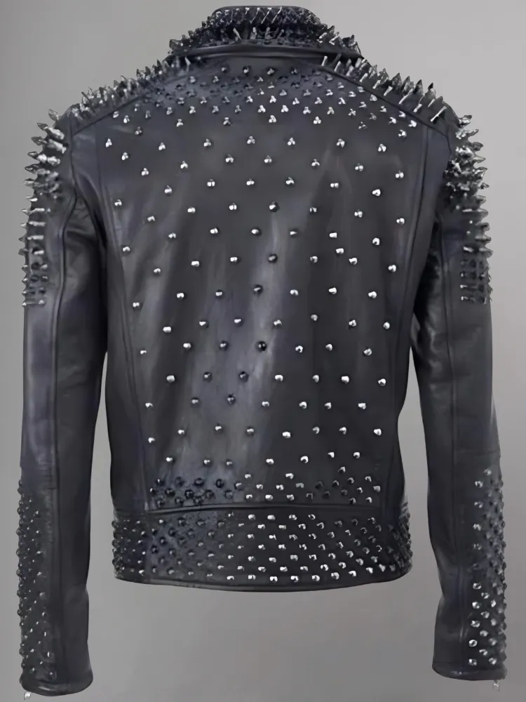 Men's Silver Spikes Studded Brando Leather Jacket