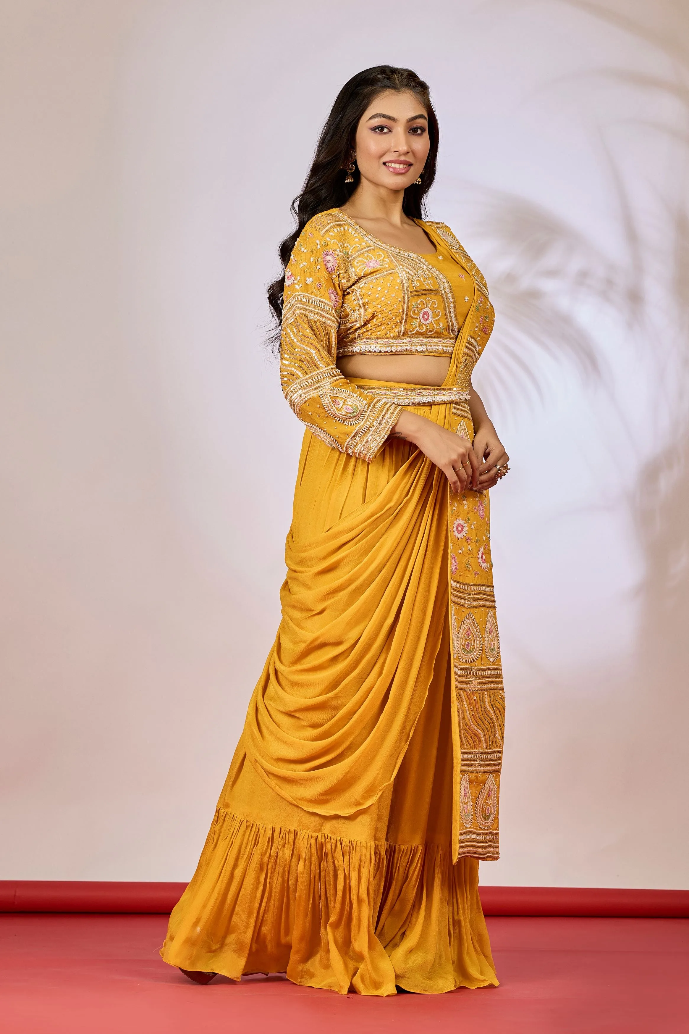 Mustard Yellow Embellished Chinon Silk Drape Saree