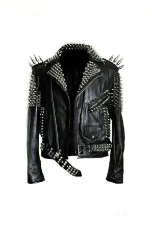 New Handmade Men's Black Fashion Long Studded Punk Style Leather Jacket