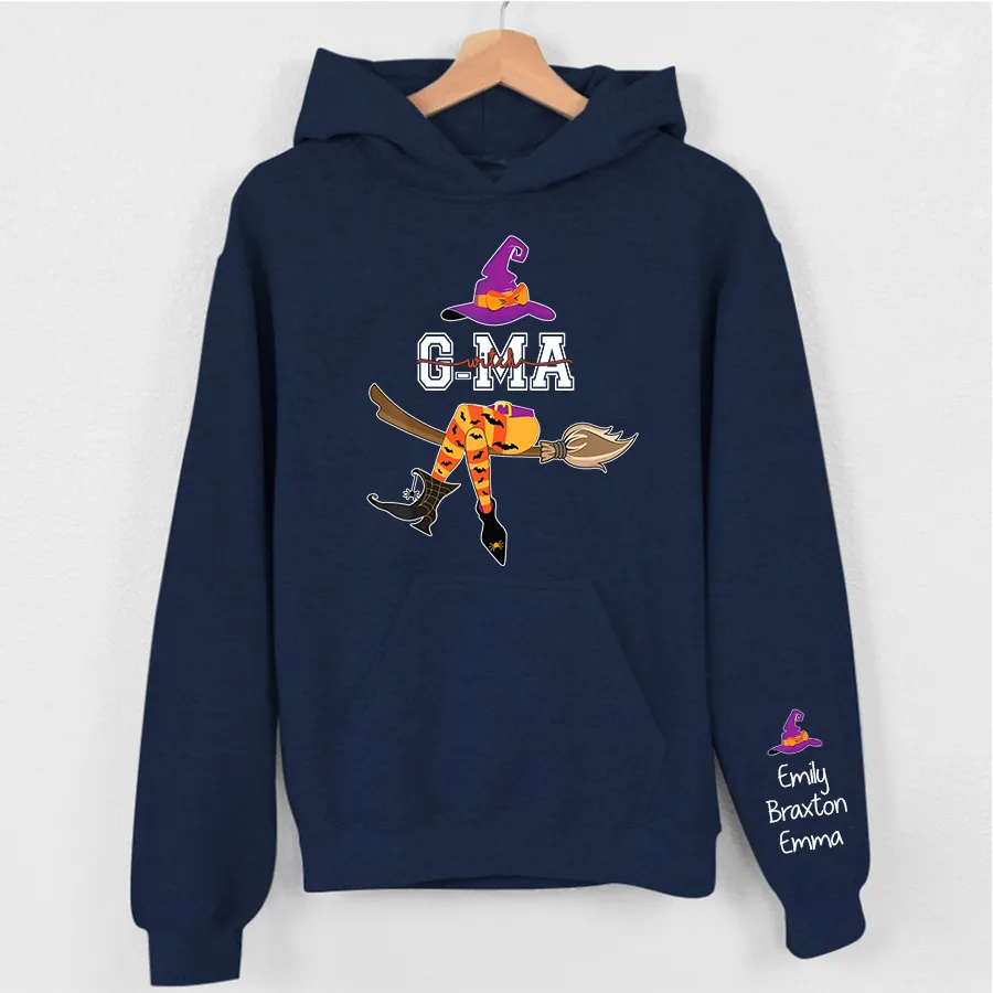 Personalized Grandma Witch Shirt, Custom Grandma Shirt with Grandkids Names, Fall Halloween Hoodie 3