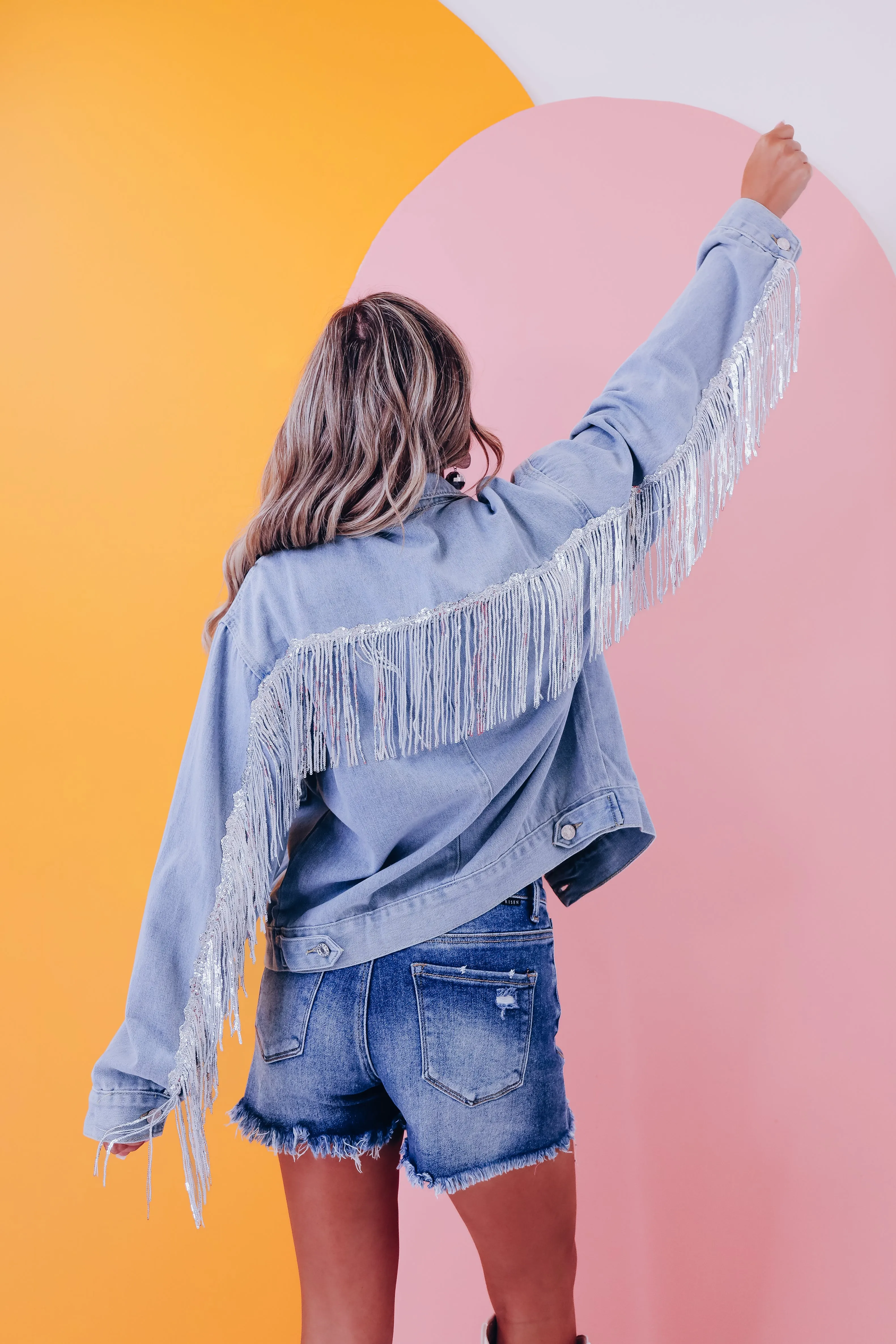 Rambler Sequin Fringe Denim Jacket - Light Blue