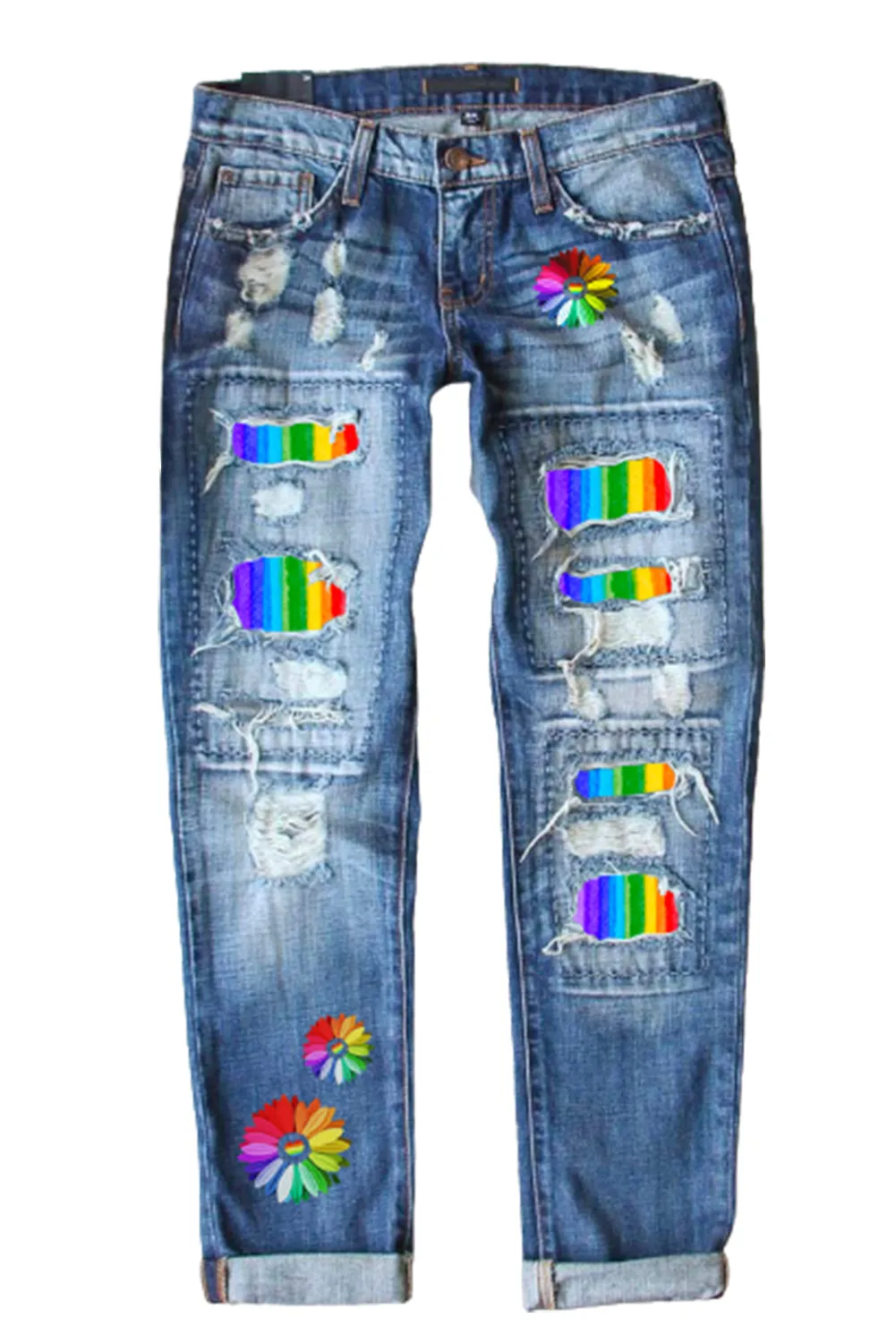 Ripped Jeans for Women LGBT Rainbow Floral Print Patch Stretch Distressed Jeans