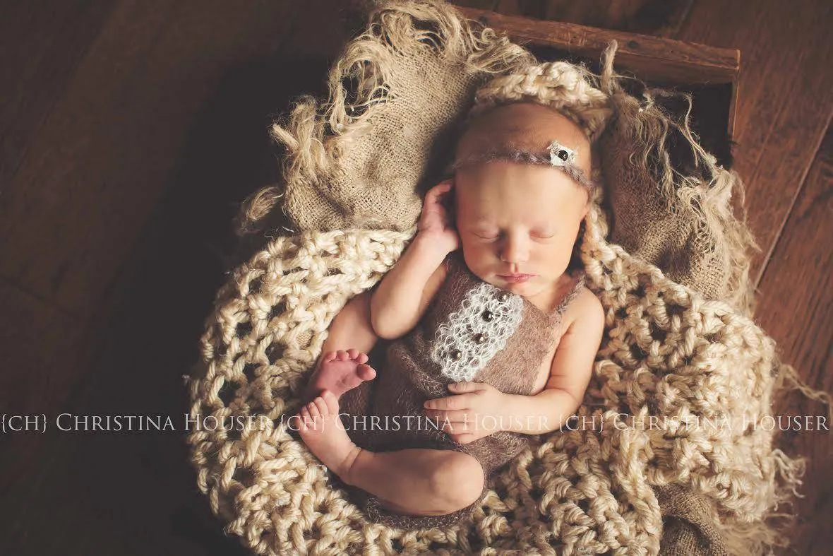 SET Brown Mohair Overalls Pants and Lace Pearl Headband