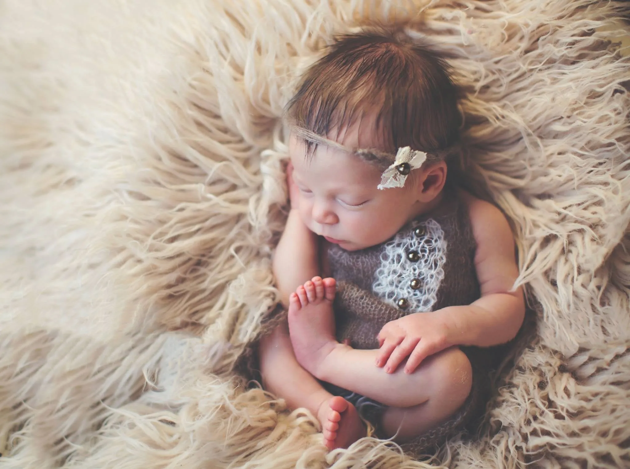 SET Brown Mohair Overalls Pants and Lace Pearl Headband