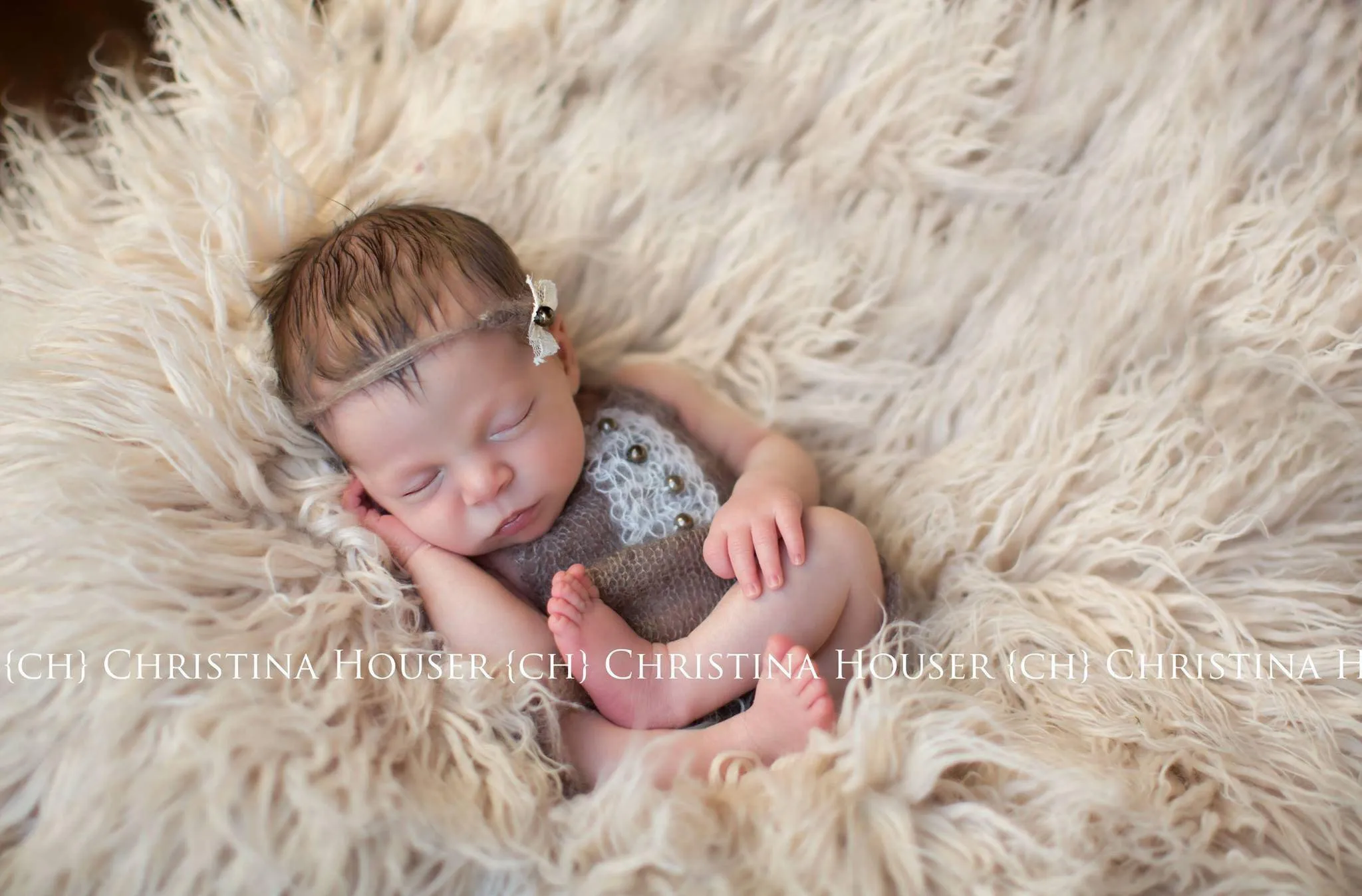 SET Brown Mohair Overalls Pants and Lace Pearl Headband