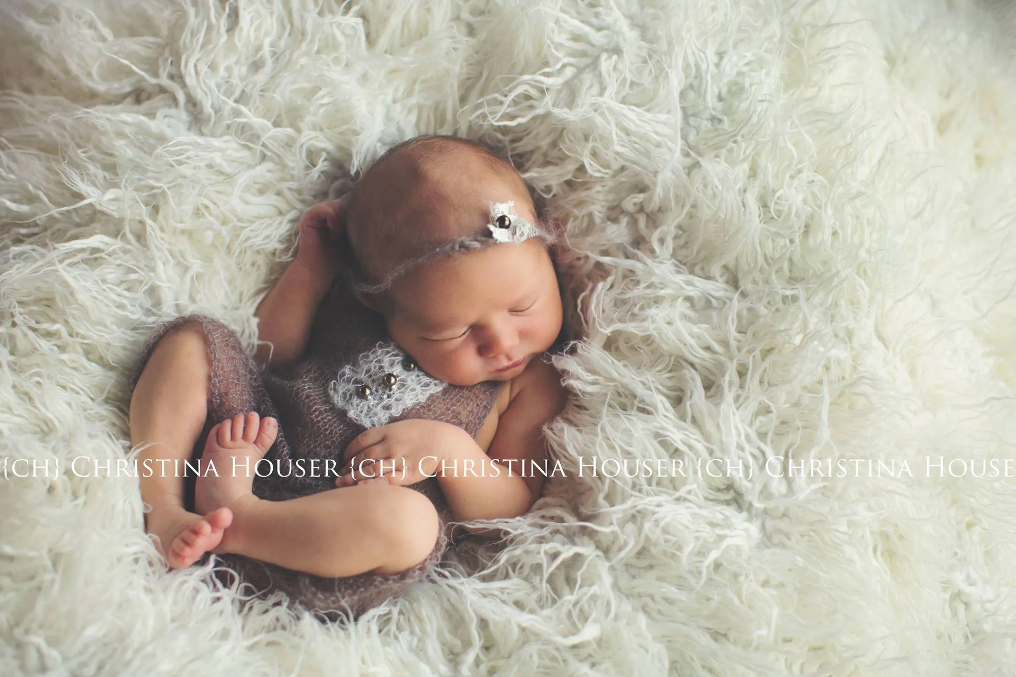 SET Brown Mohair Overalls Pants and Lace Pearl Headband