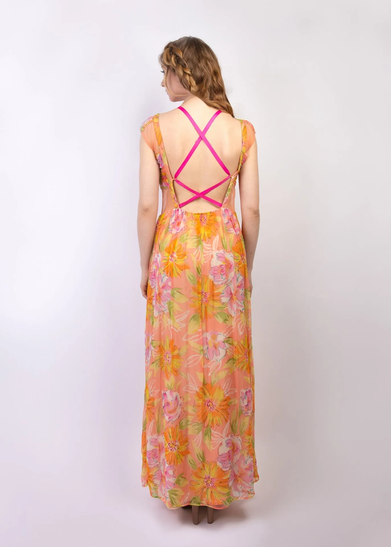 Strappy floral print chiffon maxi dress