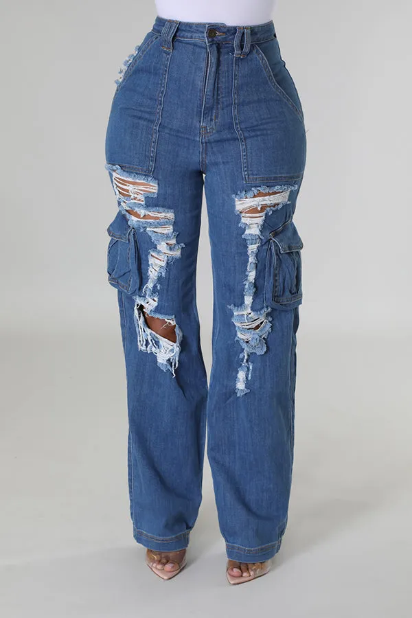 Stylish Solid Flap Pocket Ripped Jeans