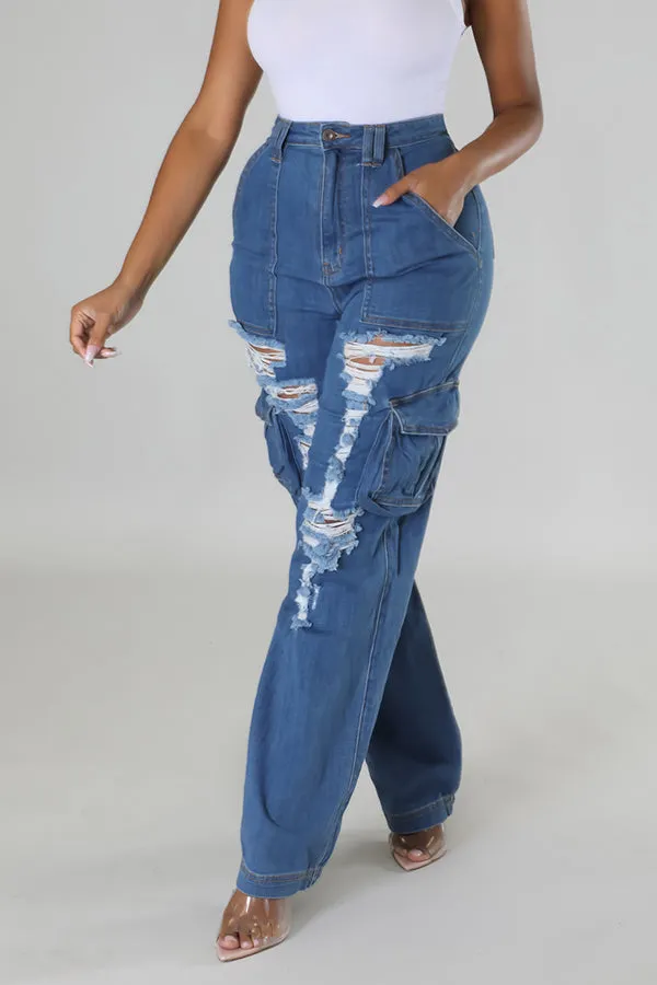 Stylish Solid Flap Pocket Ripped Jeans