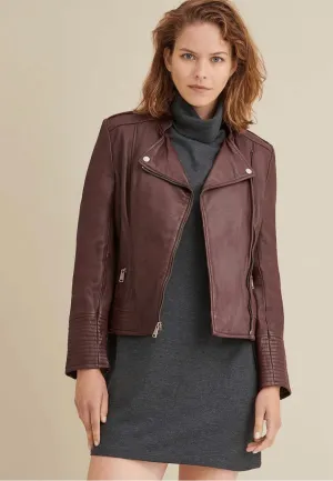 Stylish Women’s Maroon Sheepskin Leather Biker Jacket