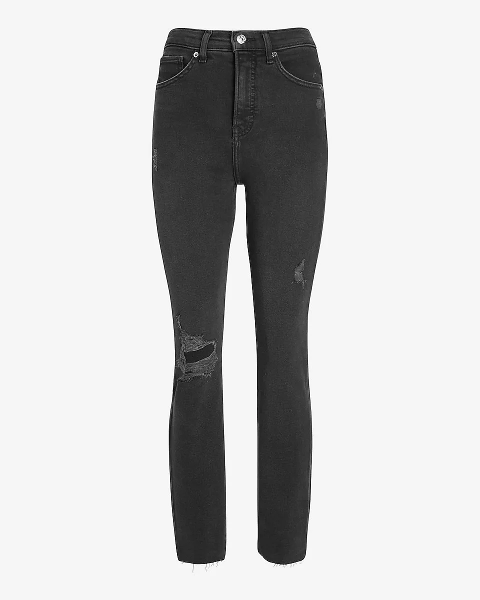 Super High Waisted Black Ripped Slim Jeans in Pitch Black