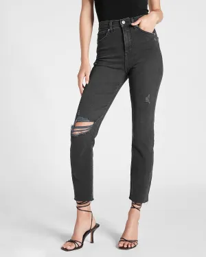 Super High Waisted Black Ripped Slim Jeans in Pitch Black