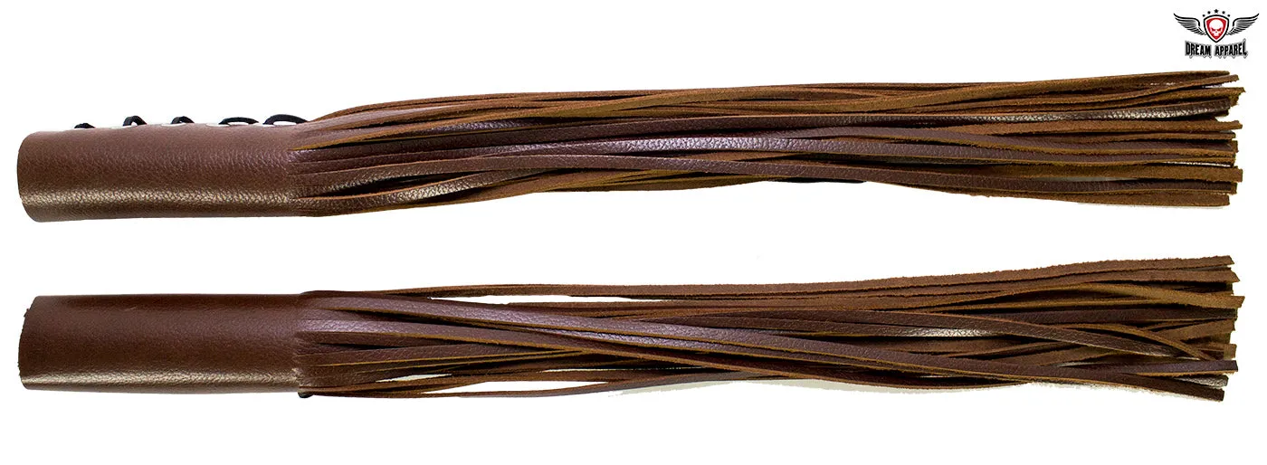 Two-Tone Brown Leather Handlebar Covers with Fringe