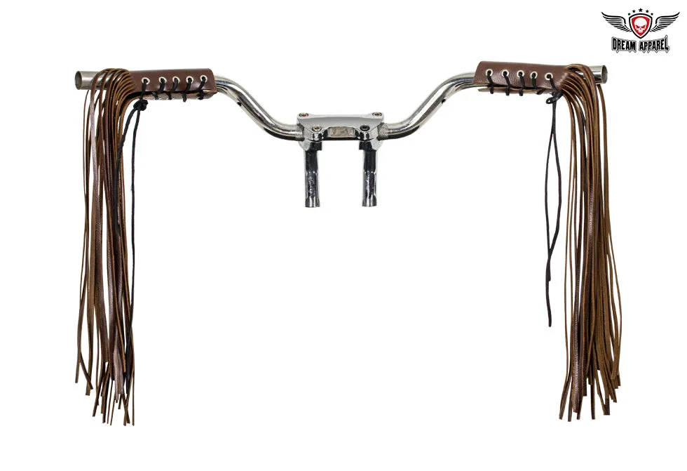 Two-Tone Brown Leather Handlebar Covers with Fringe