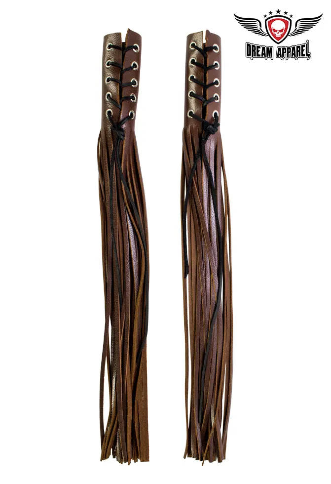 Two-Tone Brown Leather Handlebar Covers with Fringe