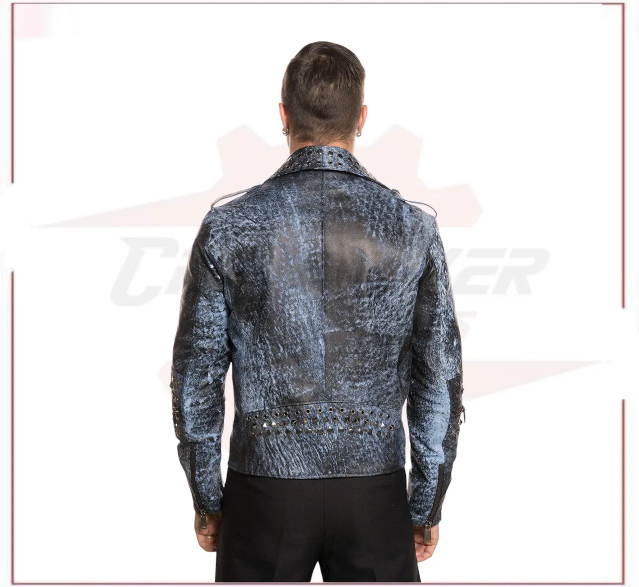 Vasco - Men's Studded Jacket in Genuine Blue Leather