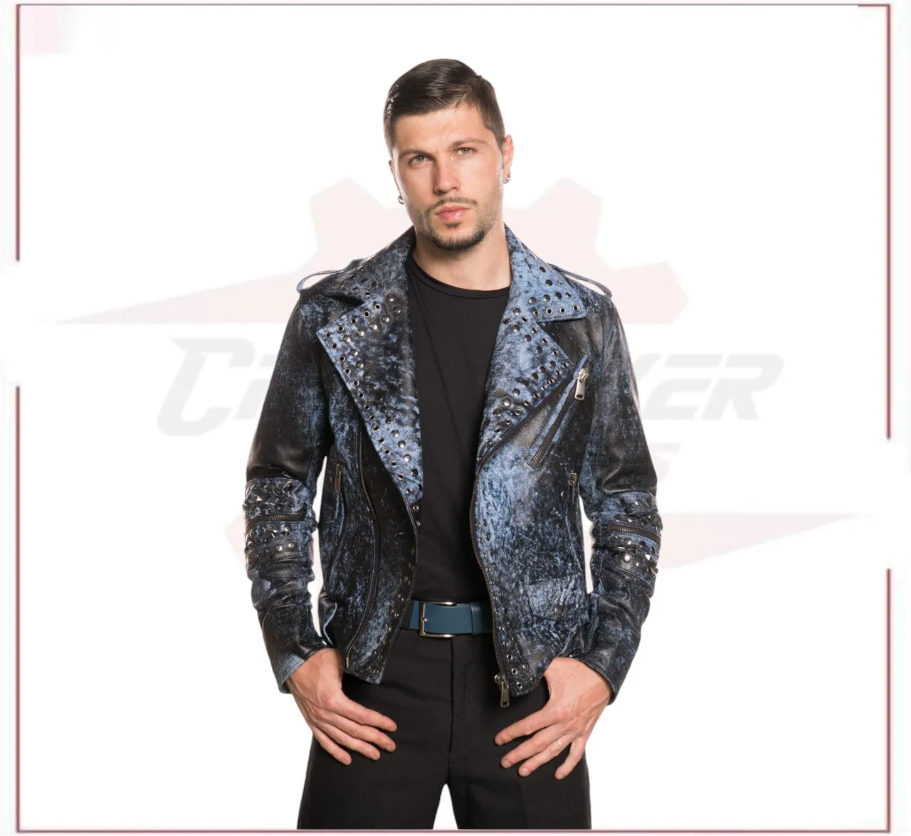 Vasco - Men's Studded Jacket in Genuine Blue Leather