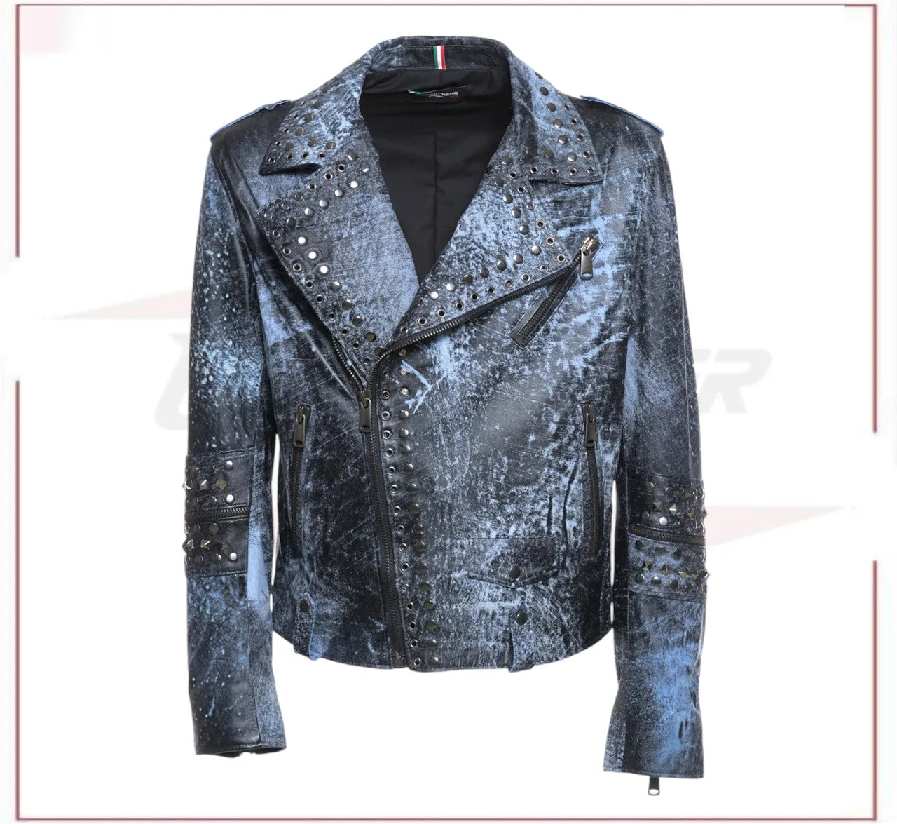 Vasco - Men's Studded Jacket in Genuine Blue Leather