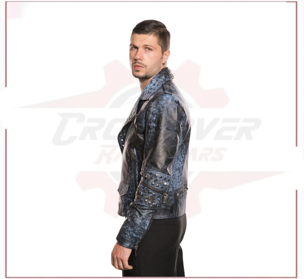 Vasco - Men's Studded Jacket in Genuine Blue Leather