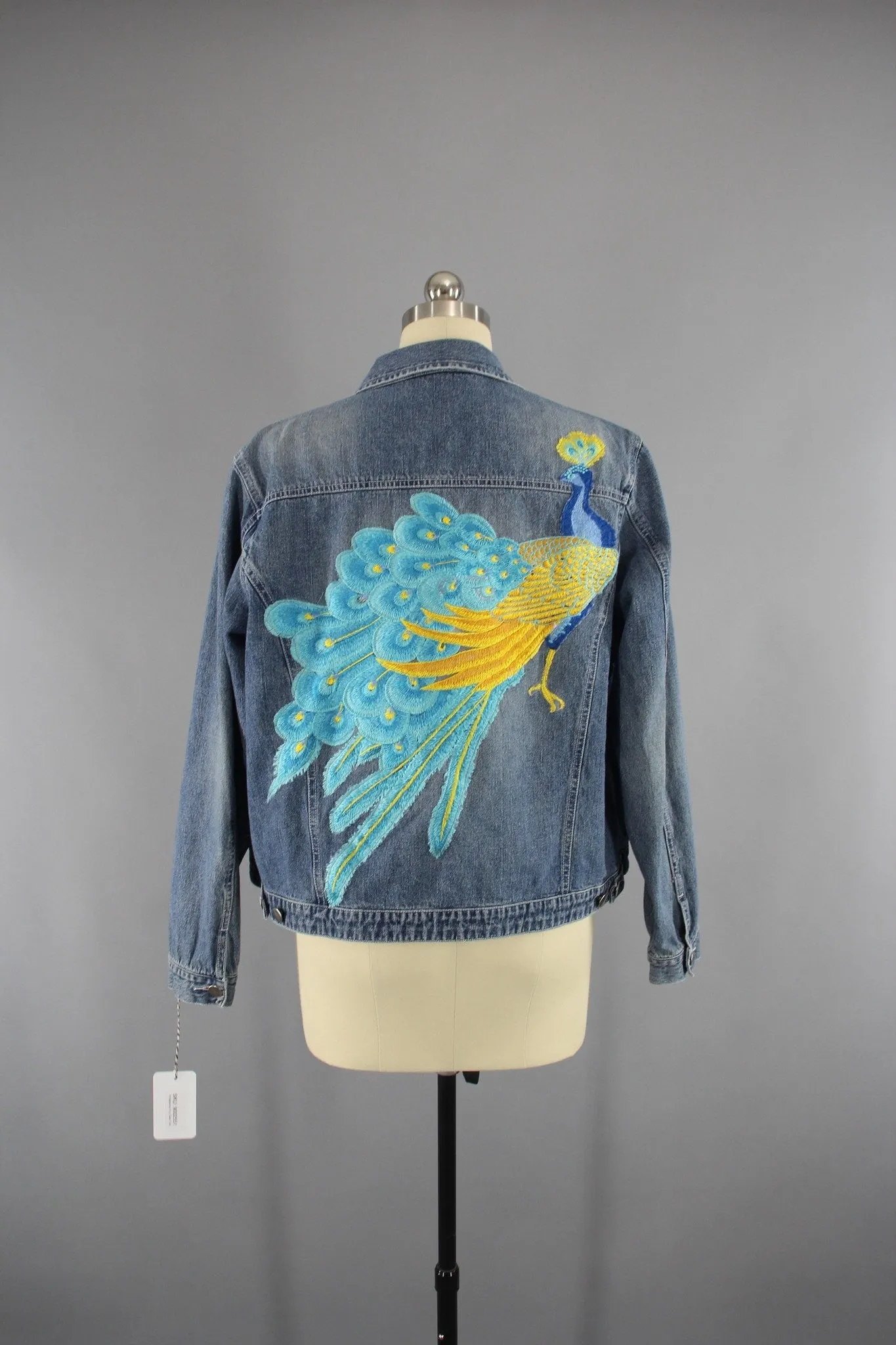 Vintage Style Denim Jacket with Aqua Blue Peacock Embroidery