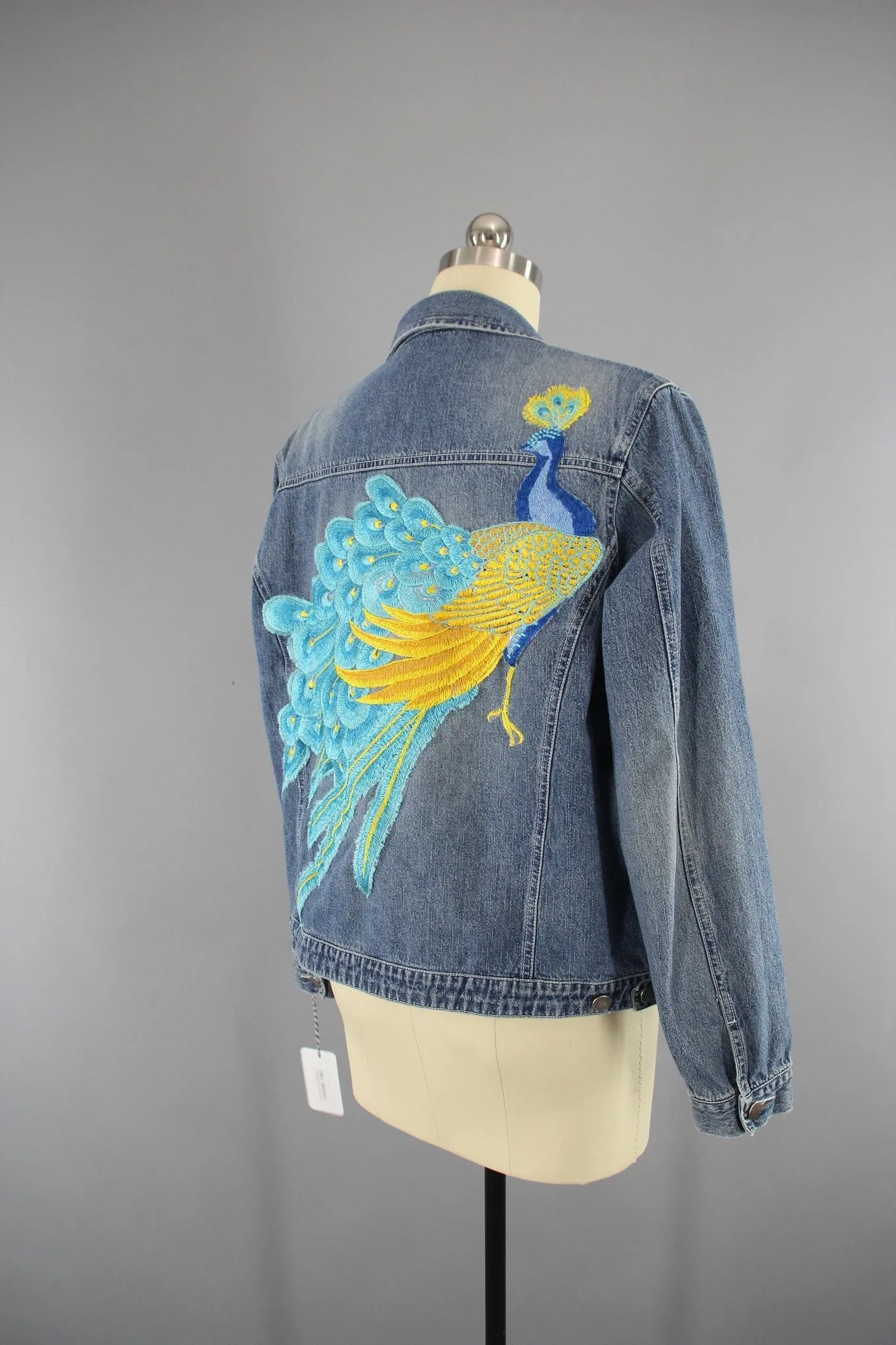 Vintage Style Denim Jacket with Aqua Blue Peacock Embroidery