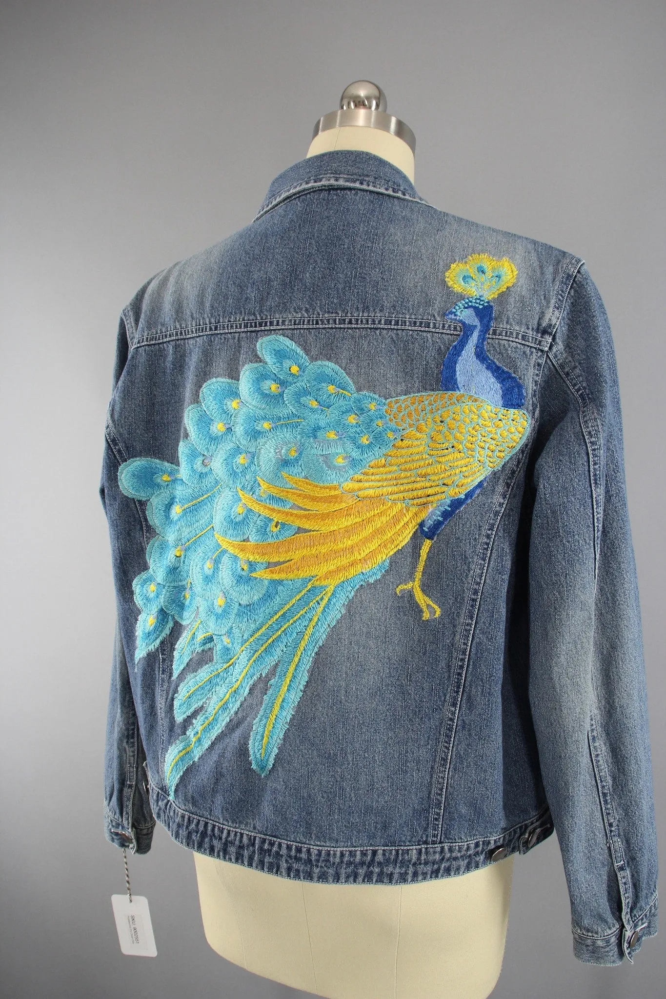 Vintage Style Denim Jacket with Aqua Blue Peacock Embroidery