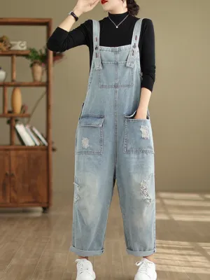 Women's Lightweight Ripped Denim Overalls Dungaree