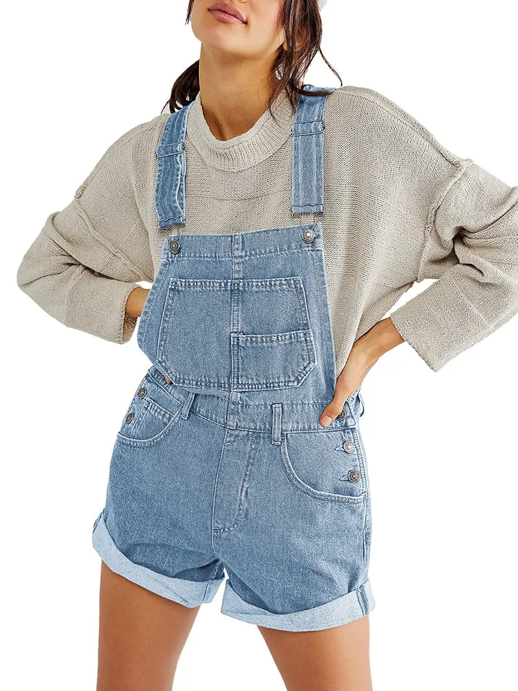 Women's Shorts Denim Bib Overalls Cuffed Hem Shorts Romper