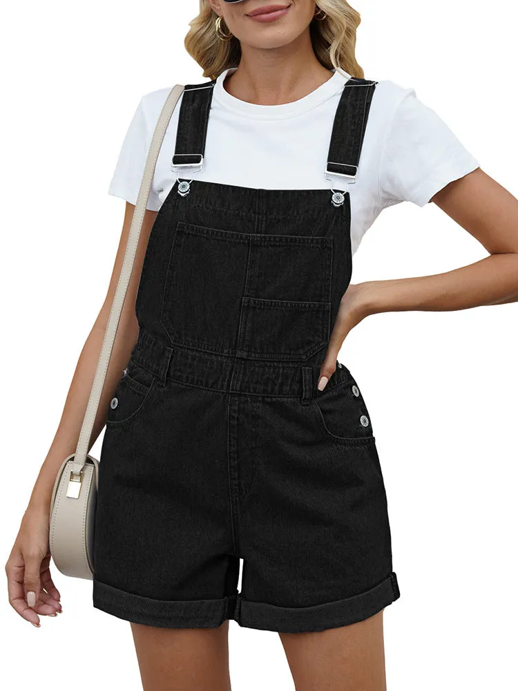 Women's Shorts Denim Bib Overalls Cuffed Hem Shorts Romper