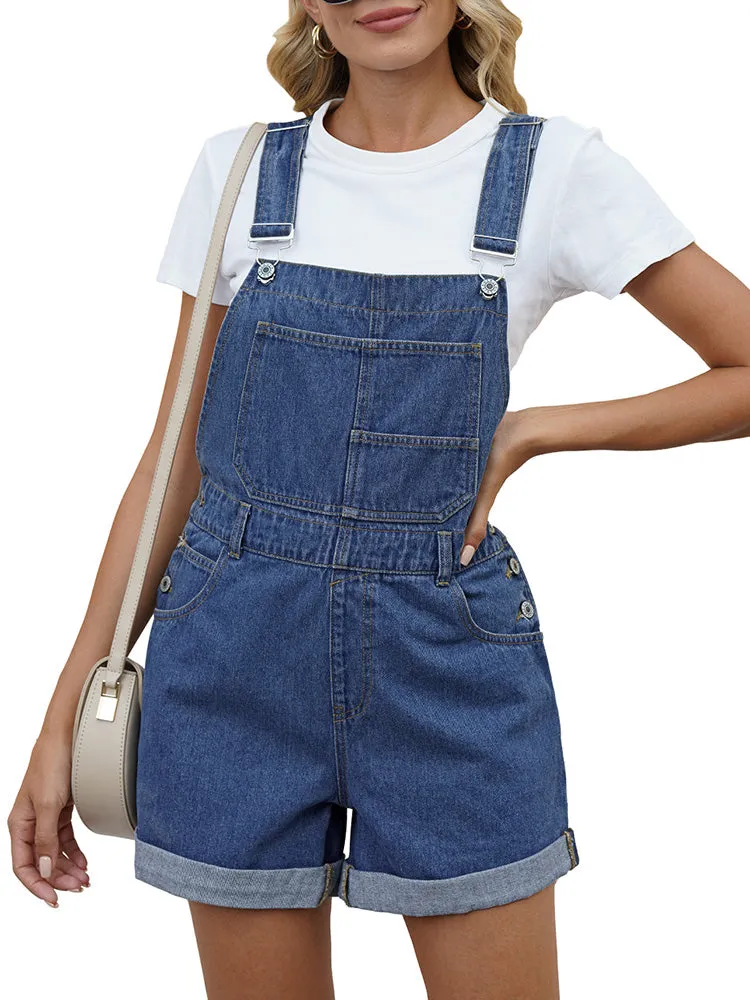 Women's Shorts Denim Bib Overalls Cuffed Hem Shorts Romper