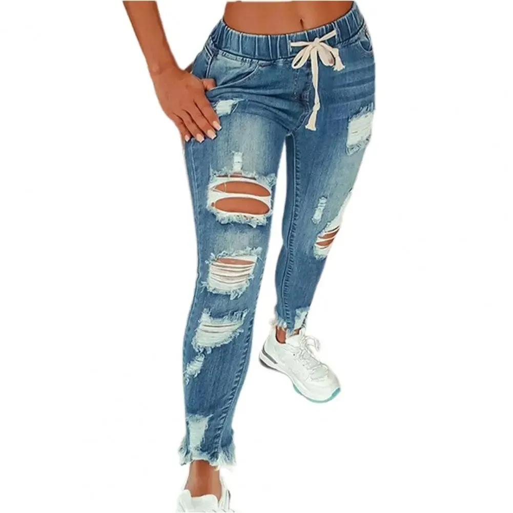 Womens Stretch Skinny Ripped Hole Washed Denim Jeans Slim High Waist Pants