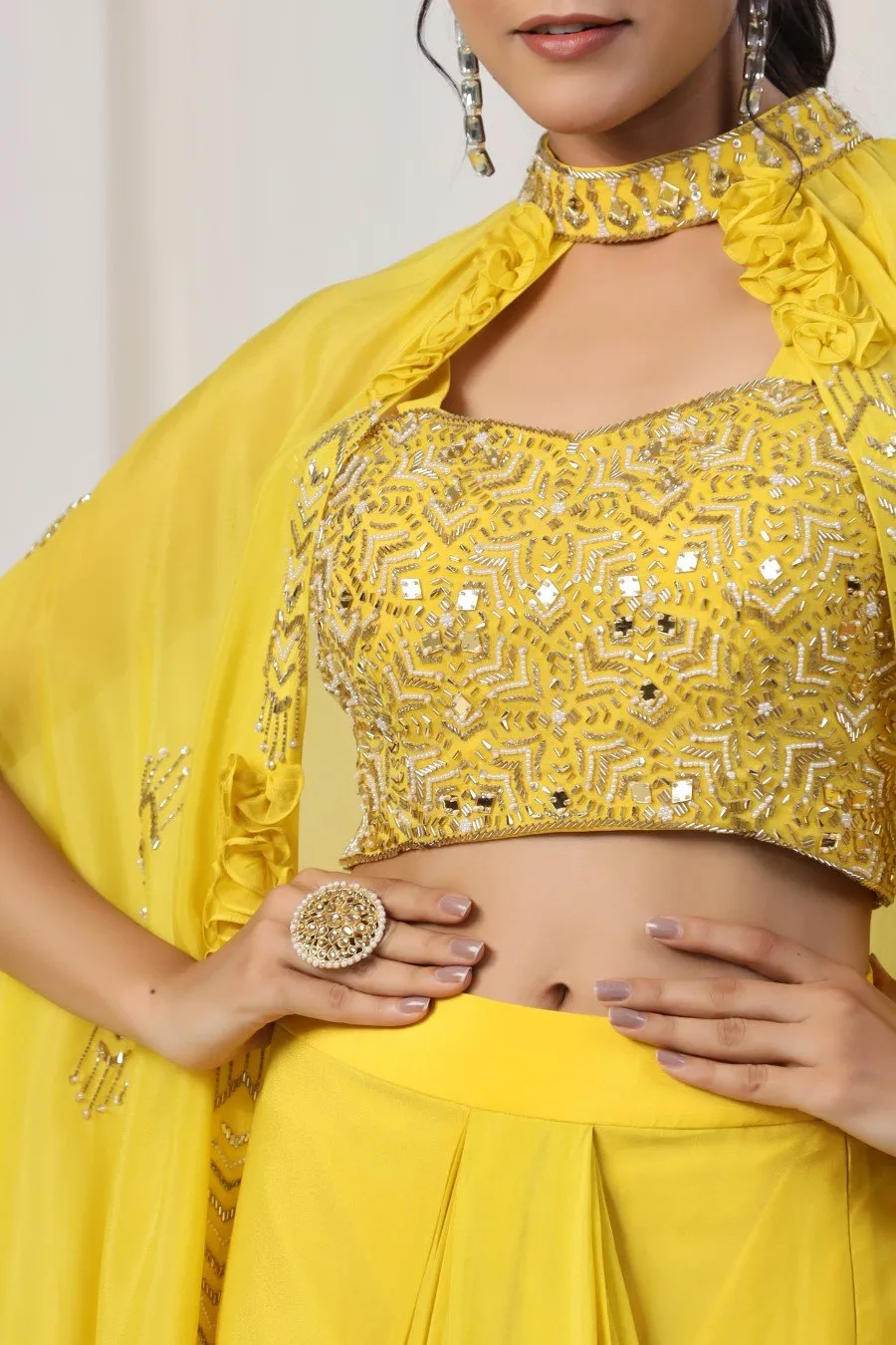 Yellow Embellished Spanish Silk Skirt Top with Cape